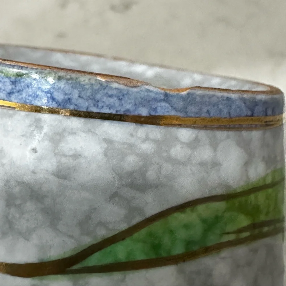 Vintage Italian Hand Painted Planter Marbled Blue Gold Rim Red Flower ITALY